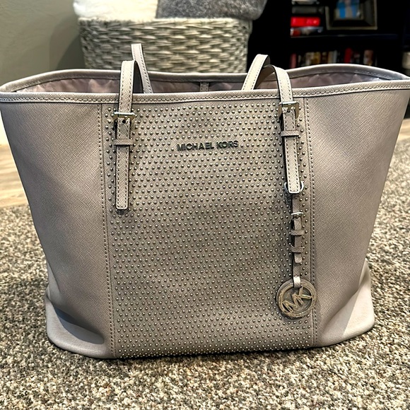 Michael Kors Staffiano Leather Tote, Light Gray with Silver Tone Hardware - Picture 1 of 6